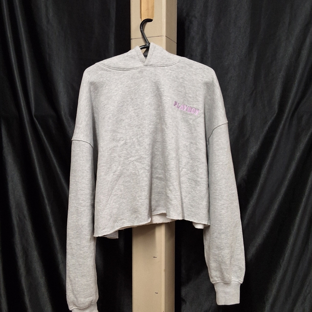 PLAYBOY Light Gray Cropped Hoodie with Pink Logo